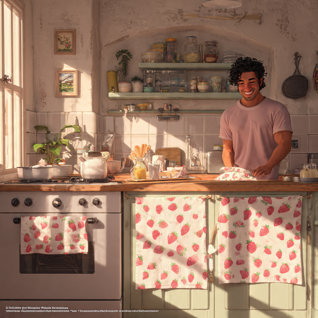 kitchen with strawberry patterned dish towels hang