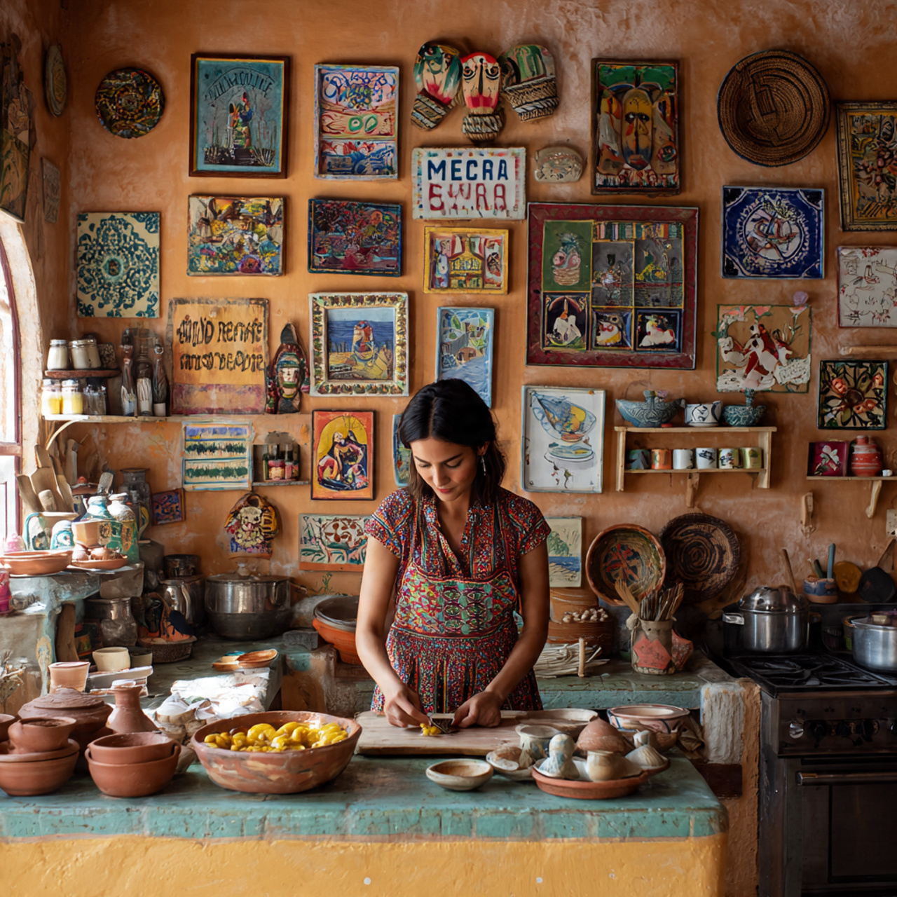 mexican kitchen with a gallery wall of folk art ha