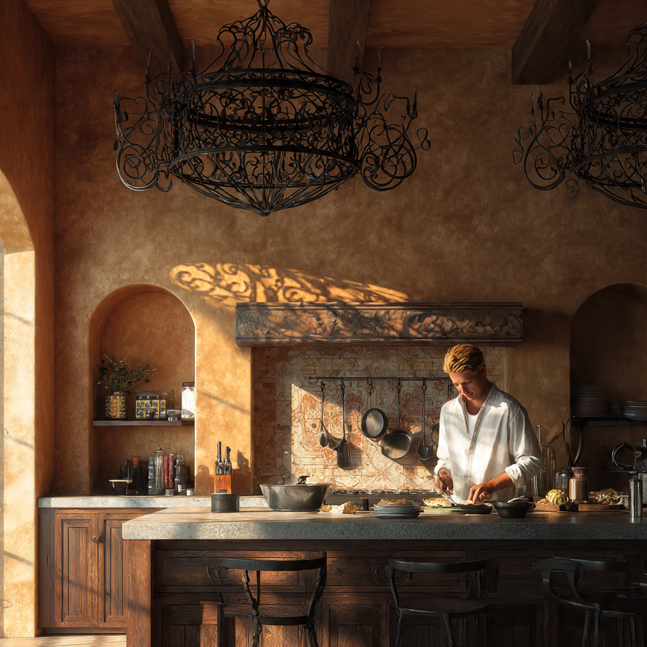 mexican kitchen with a wrought iron chandelier cas