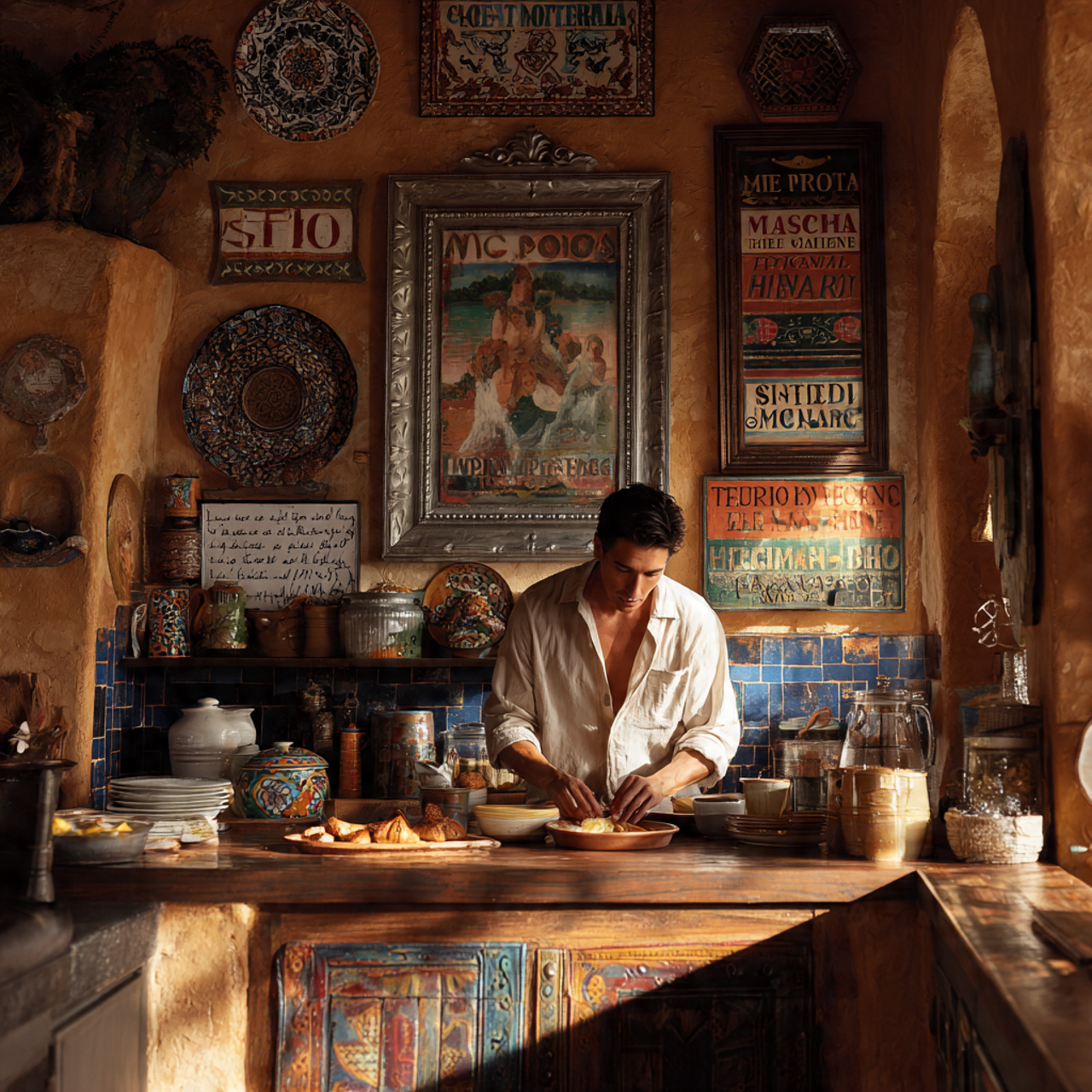 mexican kitchen with an ornate tin framed mirror o