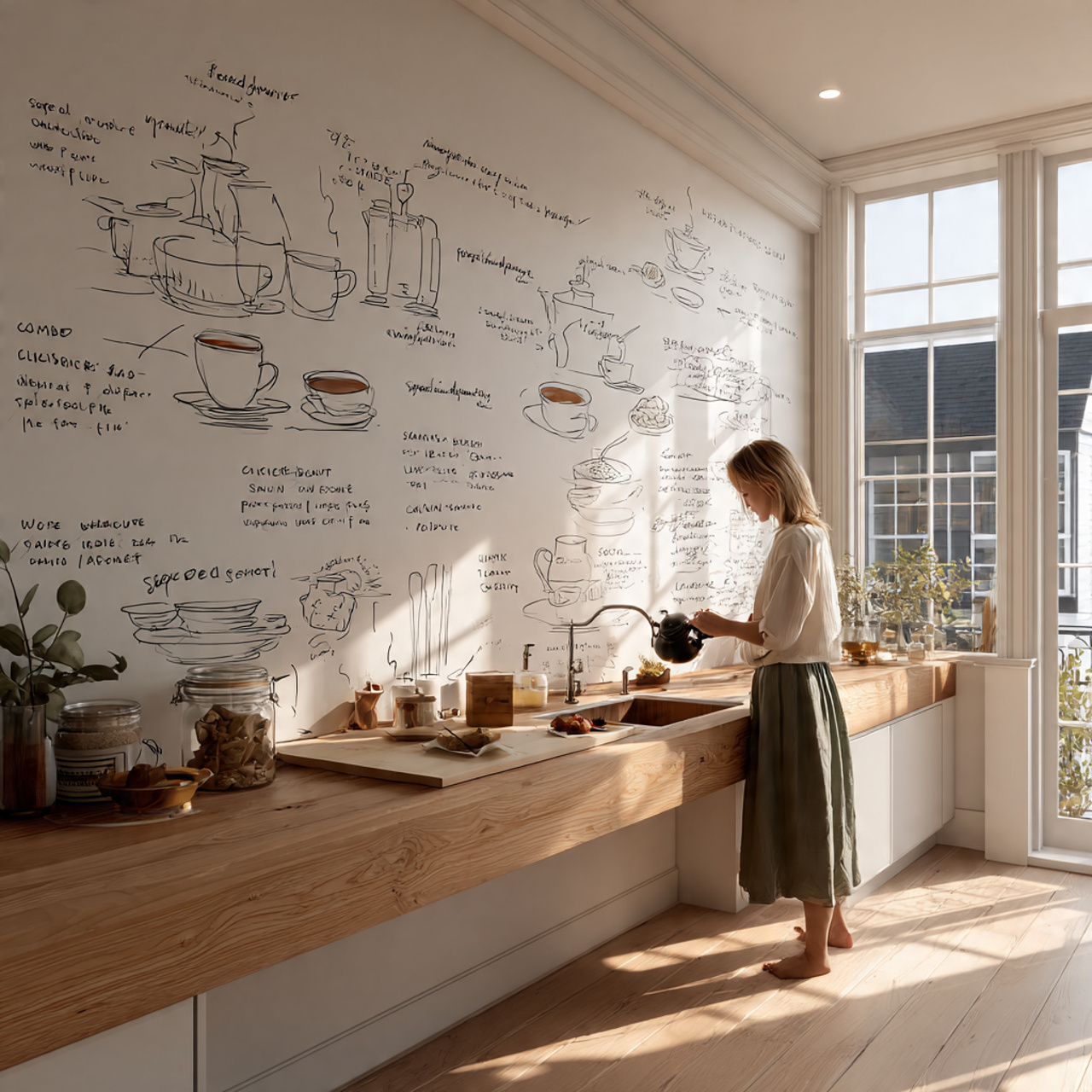 minimalist scandinavian kitchen with line art draw