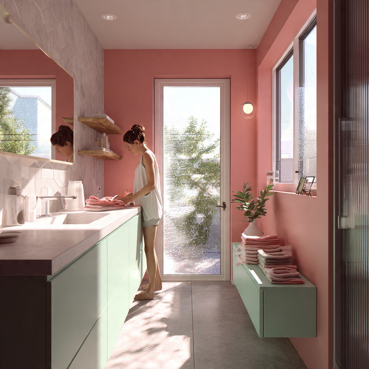 25 Trendy Pink Bathroom Decor Ideas for a Bold Transformation 8 modern bathroom interior featuring neo mint cabine