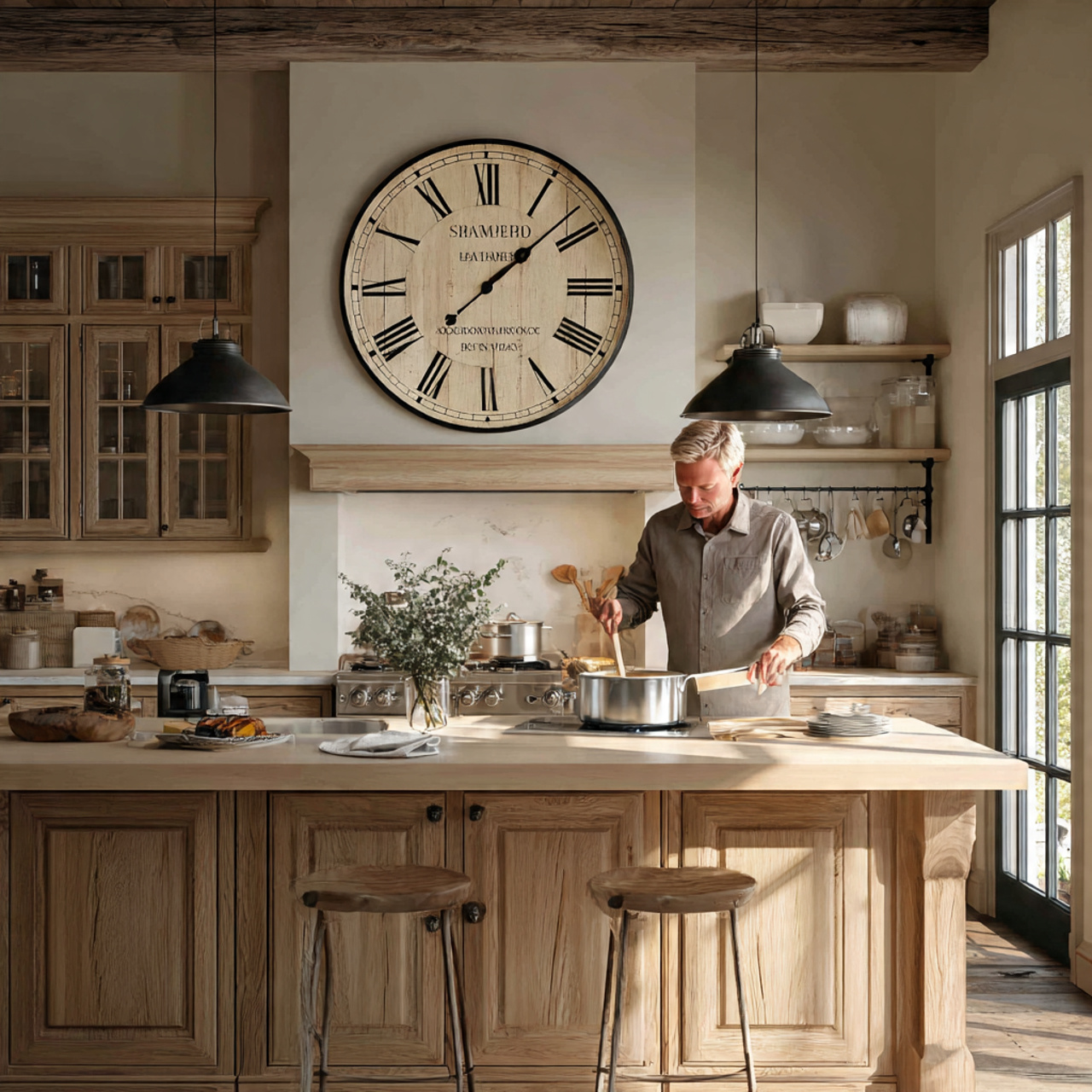 modern farmhouse kitchen with an oversized wall cl
