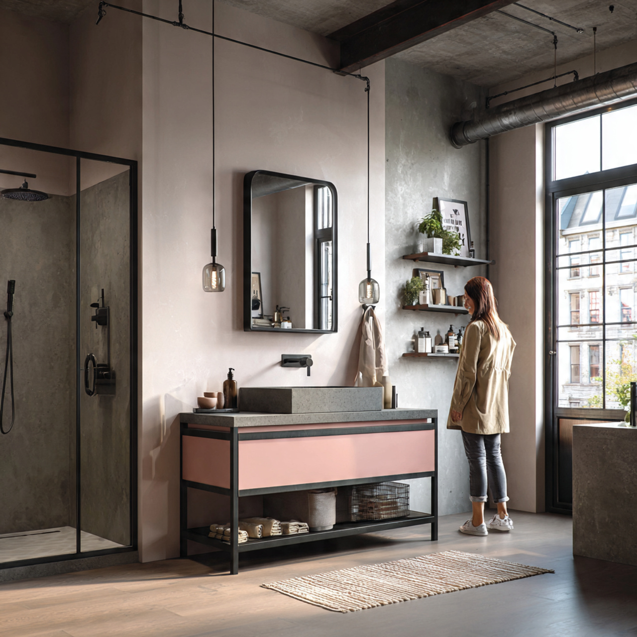 25 Trendy Pink Bathroom Decor Ideas for a Bold Transformation 23 modern industrial bathroom with matte black
