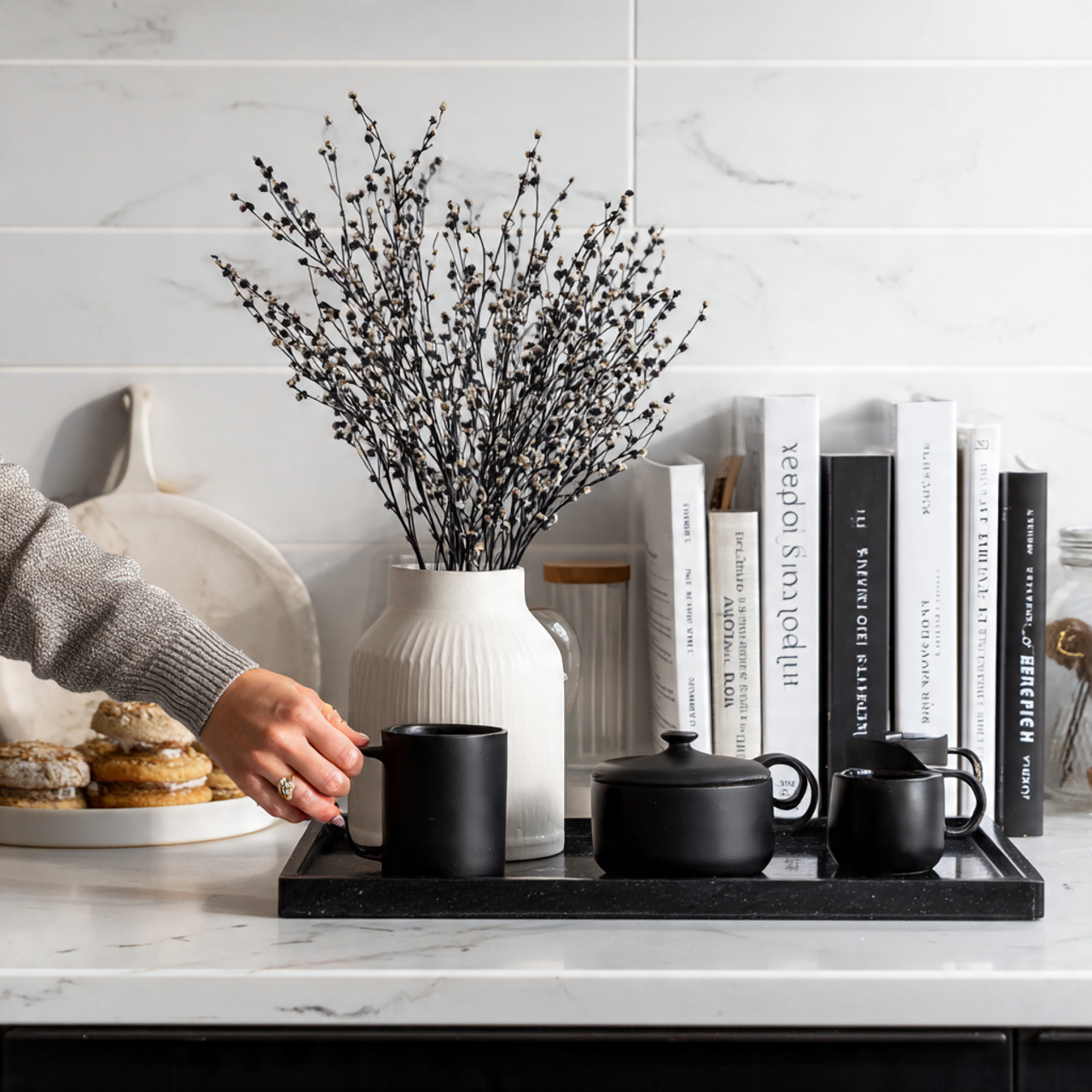 modern kitchen counter styled with black and white 1