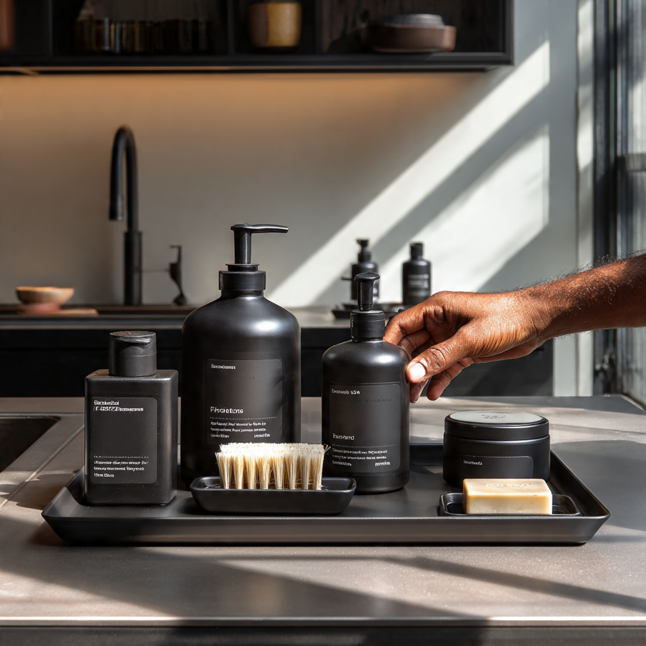 modern kitchen counter with matte black accessorie