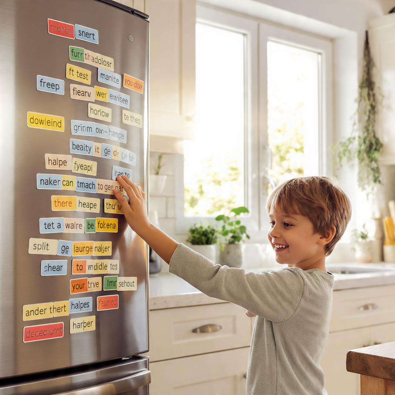 modern kitchen with a refrigerator covered in whim