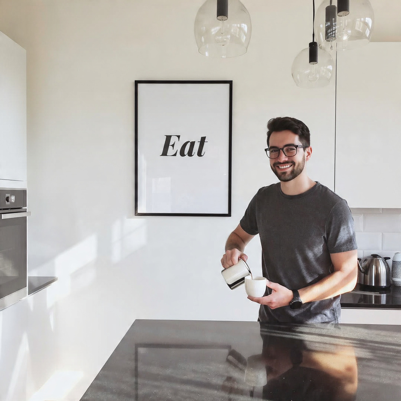 modern kitchen with sleek white cabinets and black