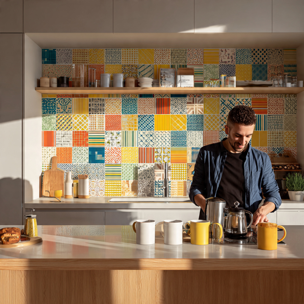 modern kitchen with vibrant colorful geometric til