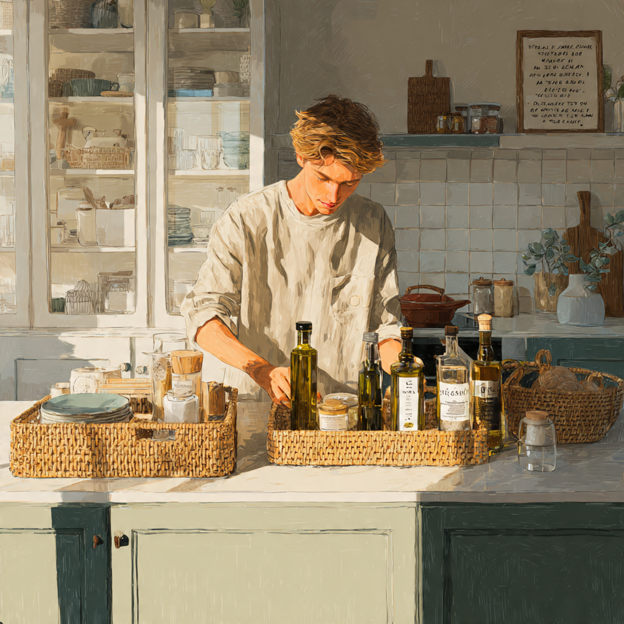 modern kitchen with woven rattan trays organizing
