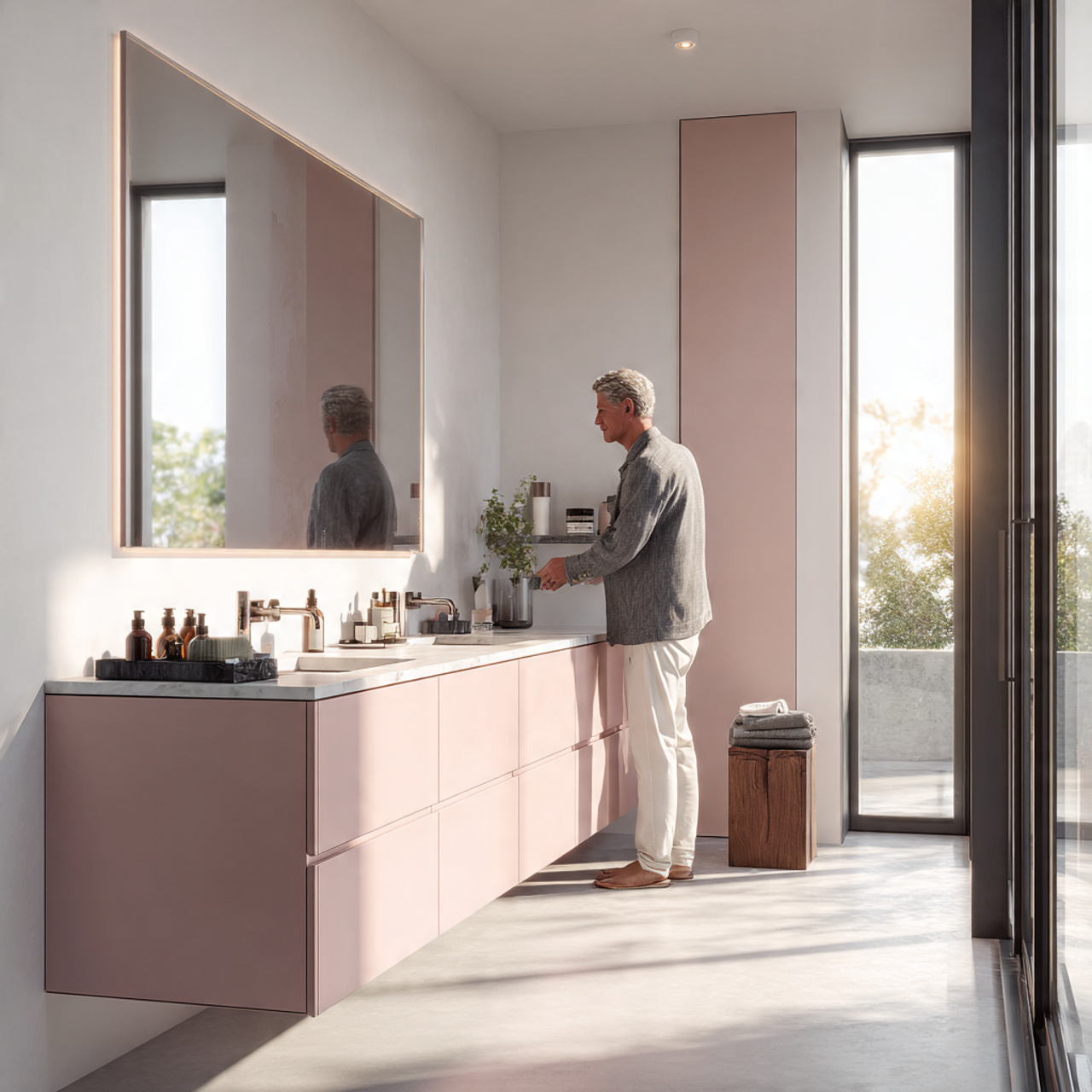 25 Trendy Pink Bathroom Decor Ideas for a Bold Transformation 17 modern minimalist bathroom with pale pink cabinetr