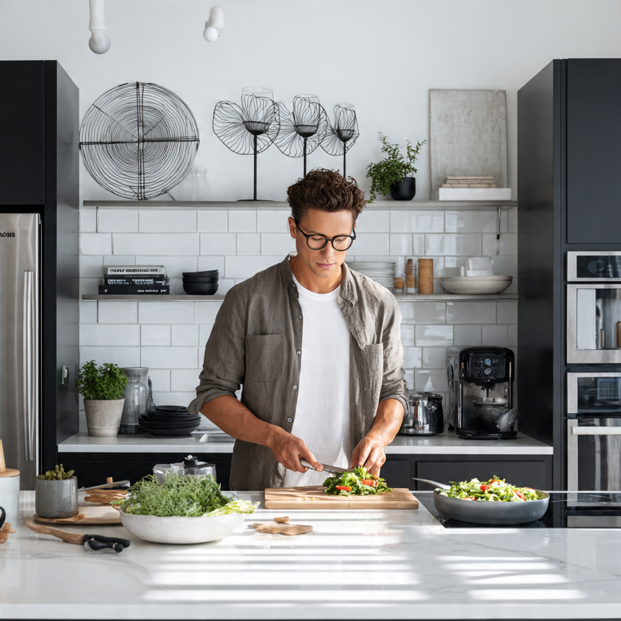 modern minimalist kitchen with metal wire sculptur