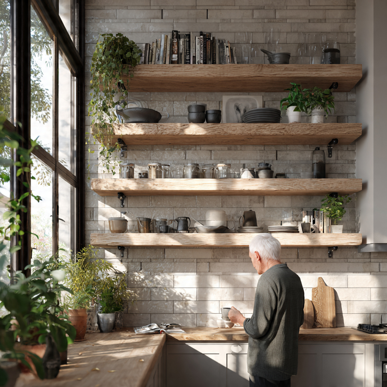 modern rustic kitchen featuring floating natural w