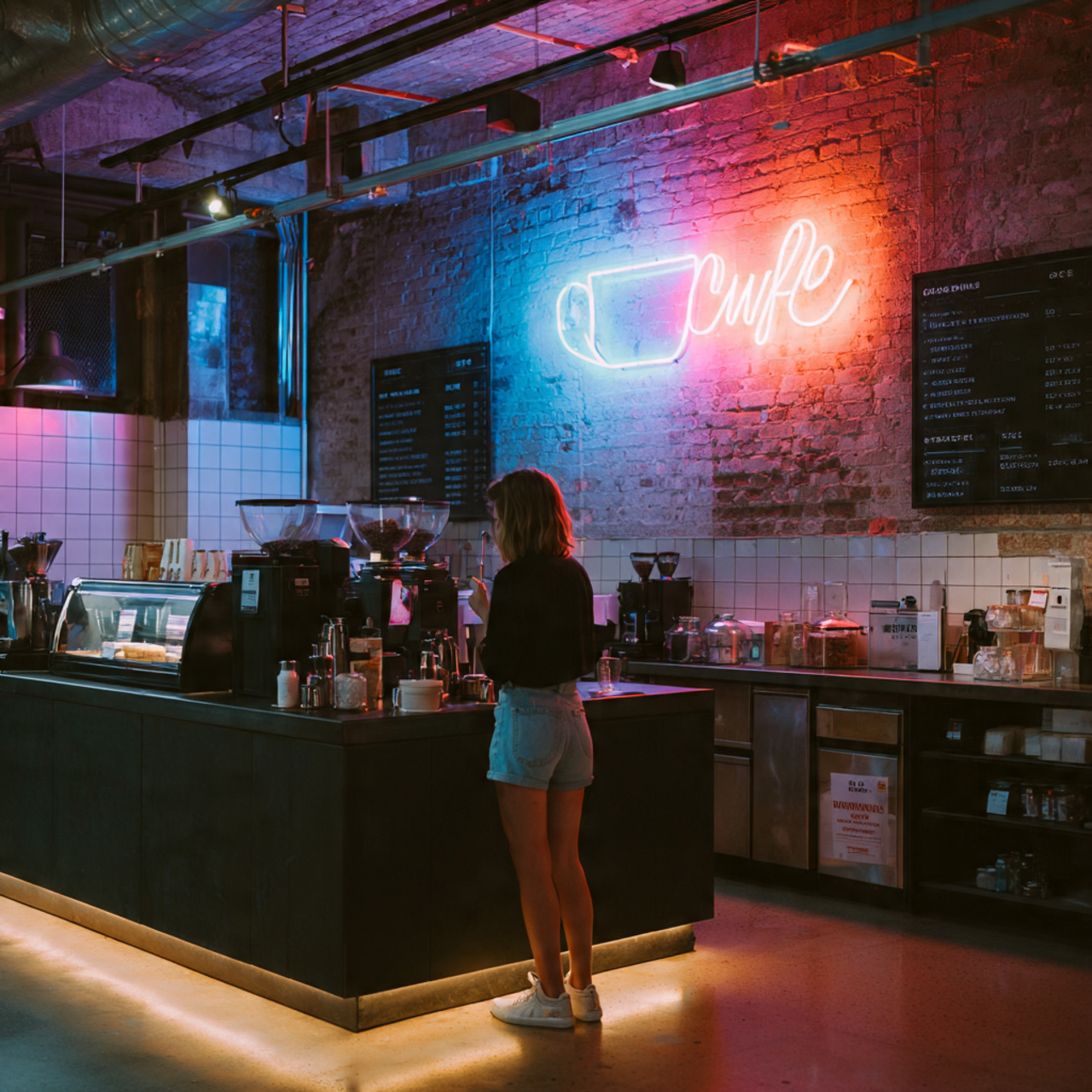 modern urban kitchen with a glowing neon sign of a