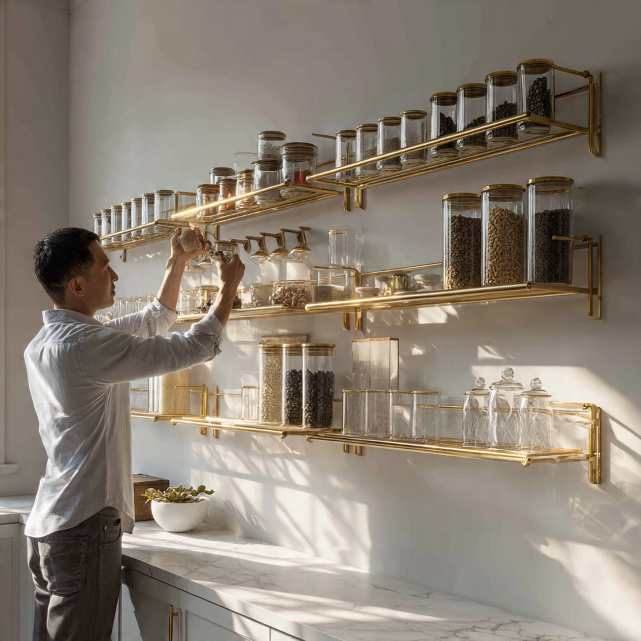 modern white kitchen decor ideas with brass galler