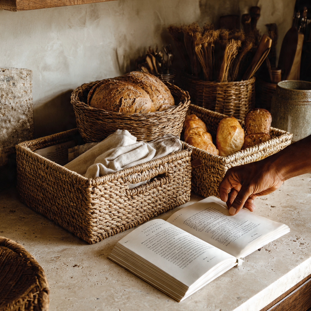 natural kitchen counter with woven baskets holding