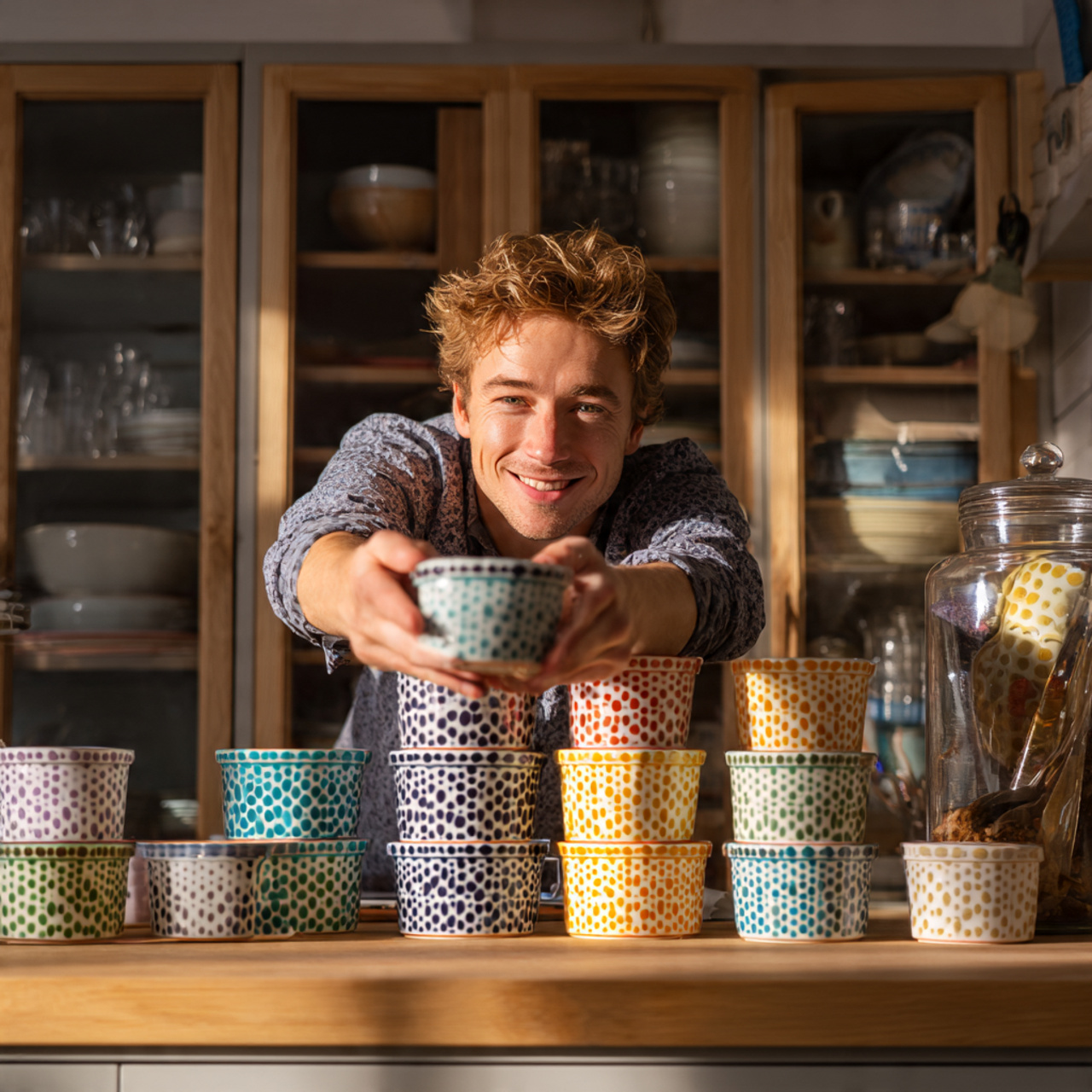 open kitchen shelving displaying stacked polka dot