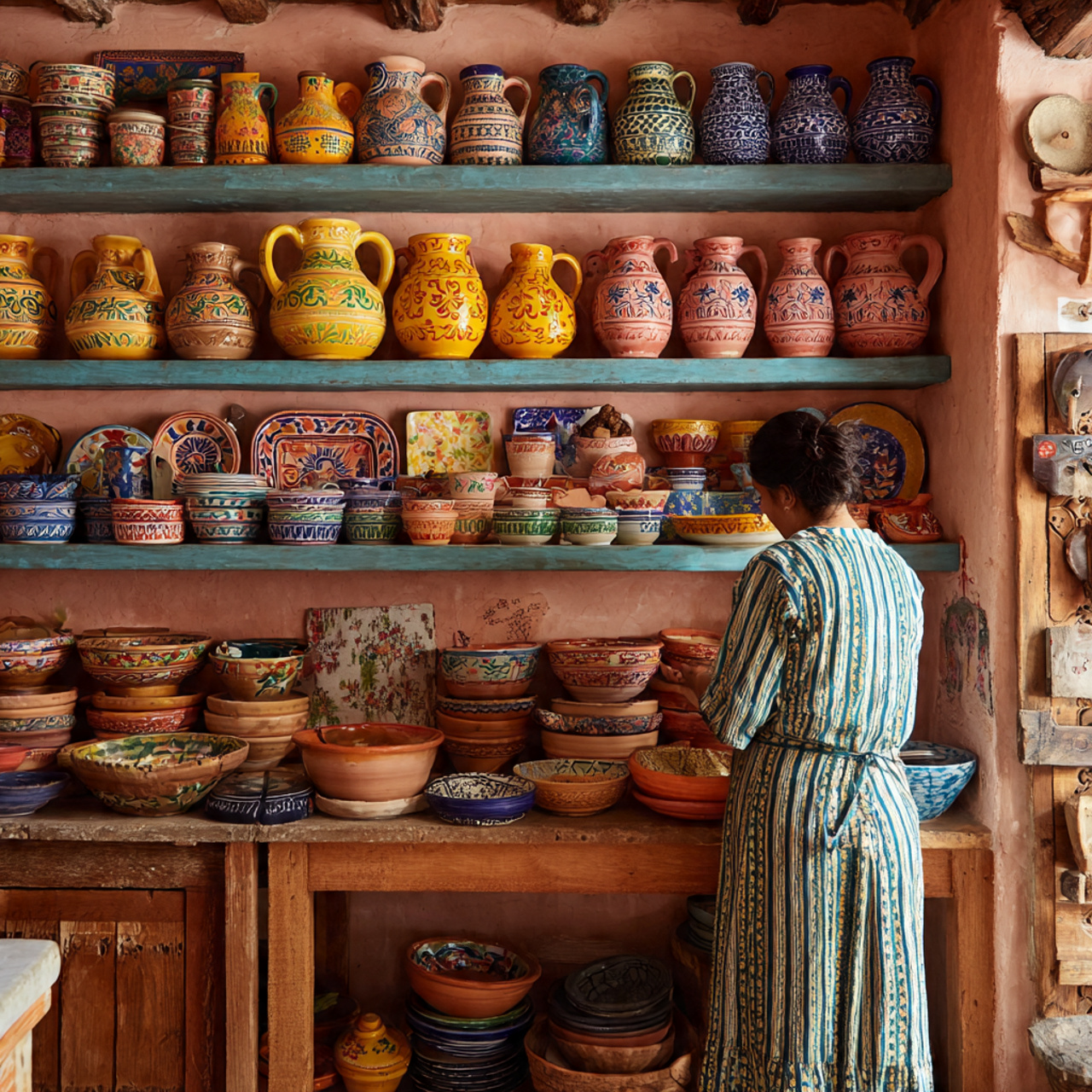 open wooden shelves in a mexican kitchen showcasin