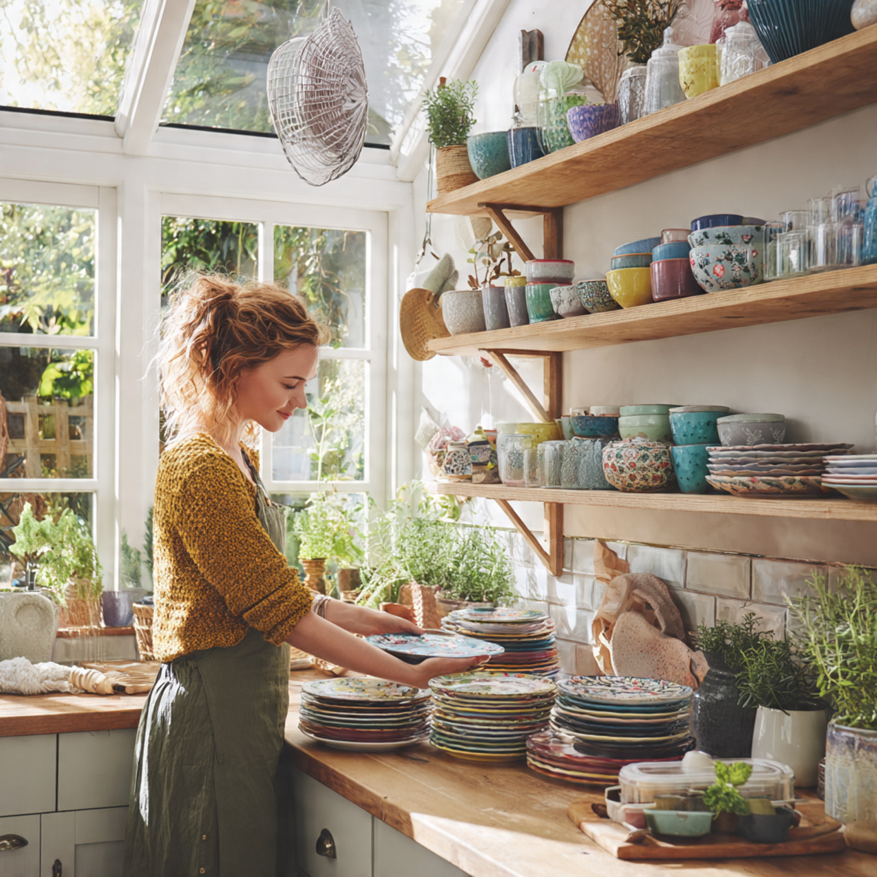 prompt a bright modern kitchen featuring open shel