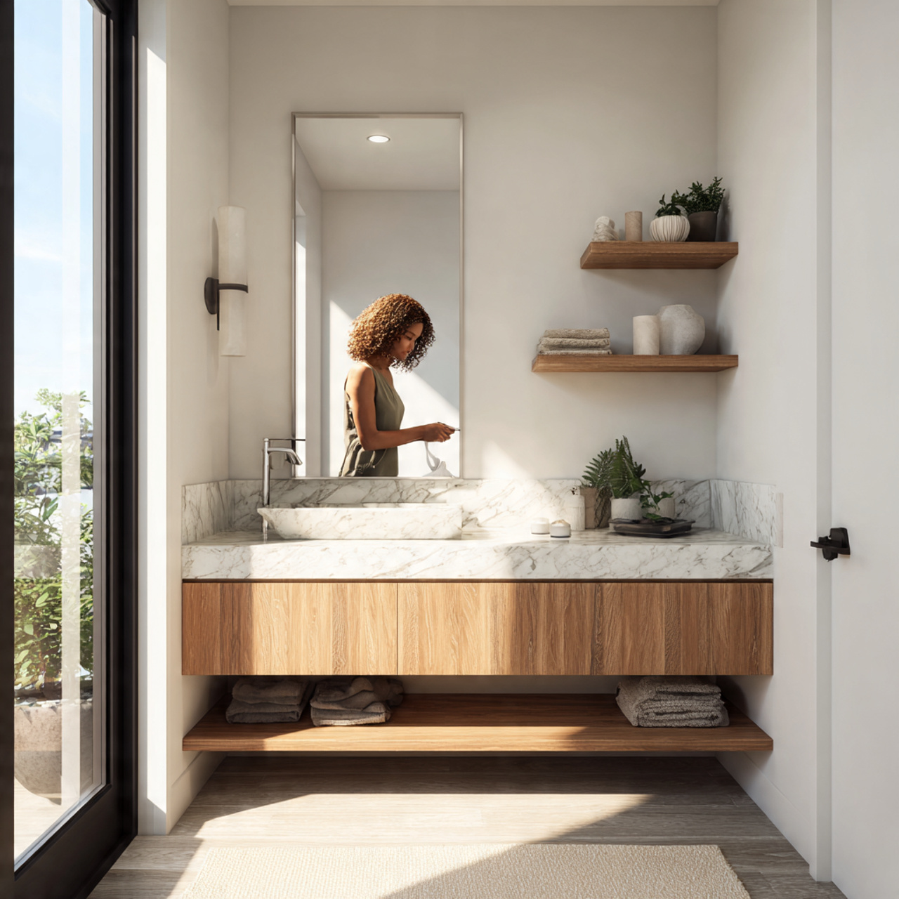 prompt a bright small bathroom with a floating woo