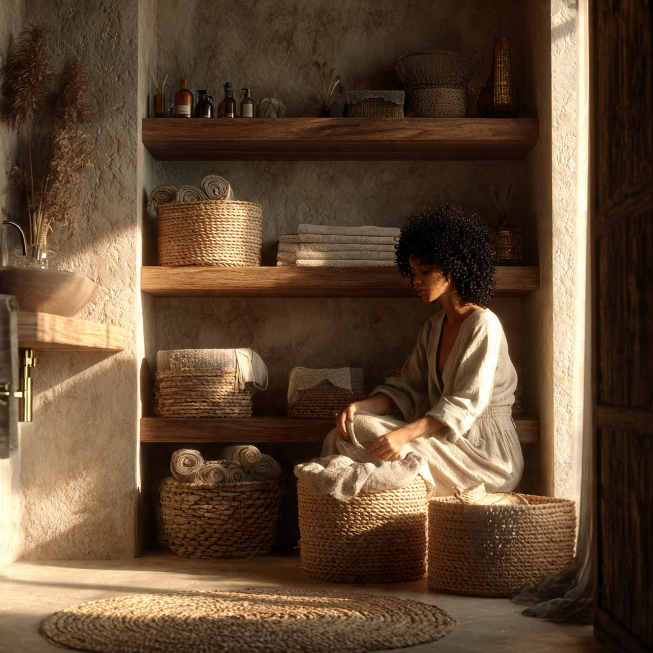 prompt a small bathroom featuring woven seagrass a