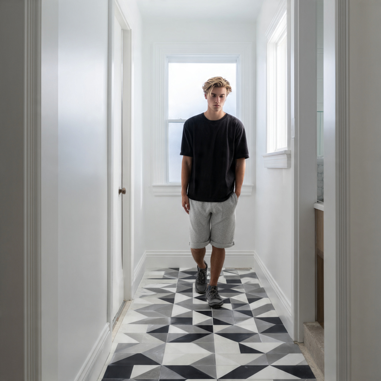 prompt a small bathroom with bold geometric patter