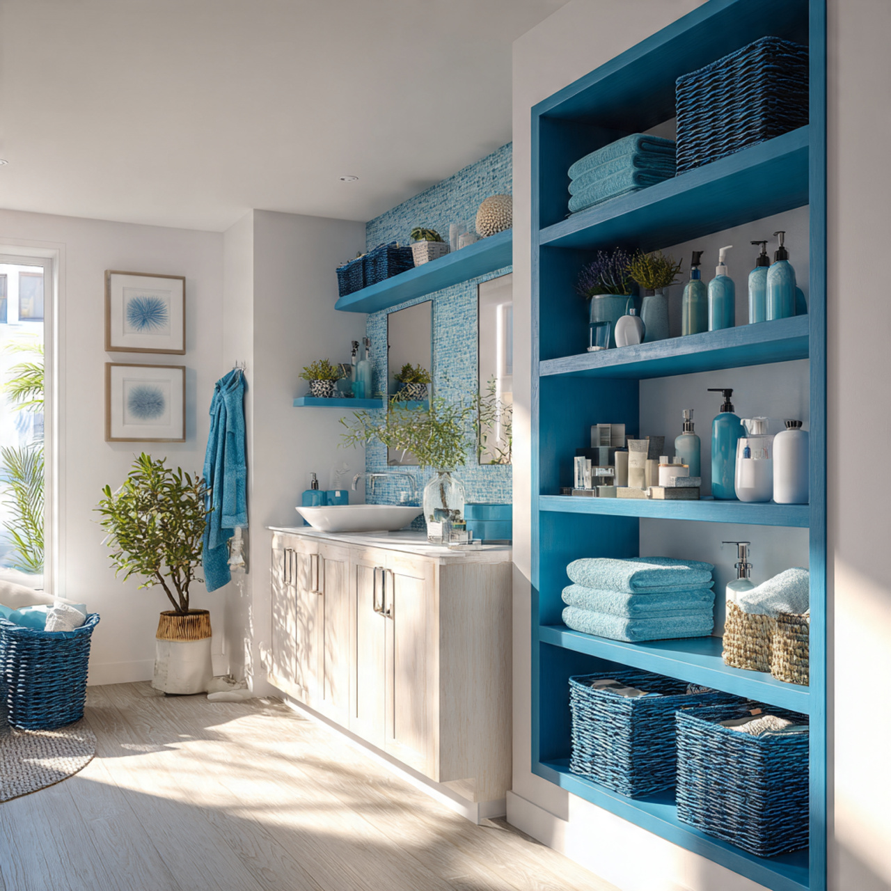 prompt bright bathroom with cerulean blue open she