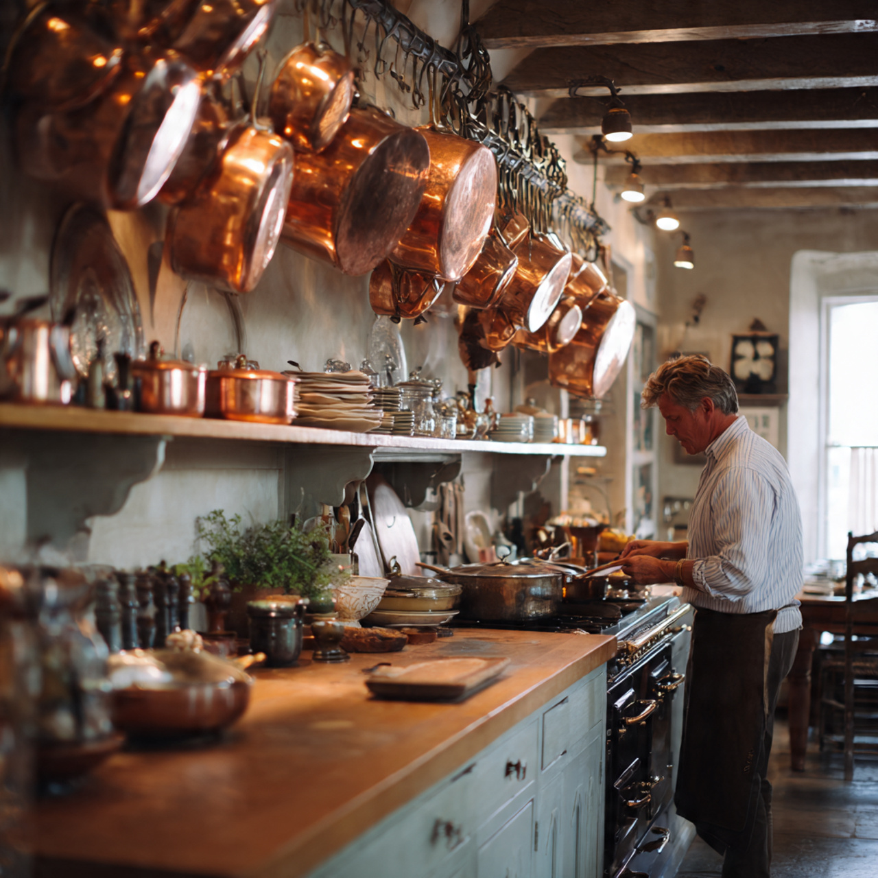 prompt bright kitchen with polished copper pots an