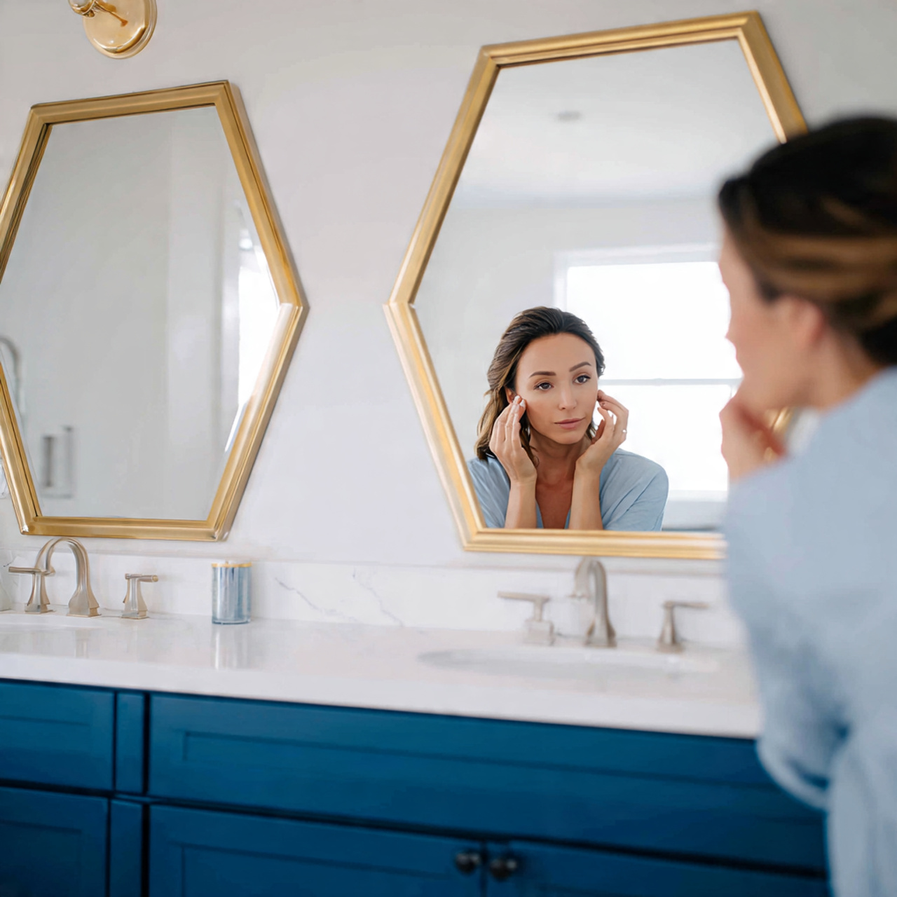 prompt chic bathroom featuring slate blue framed v