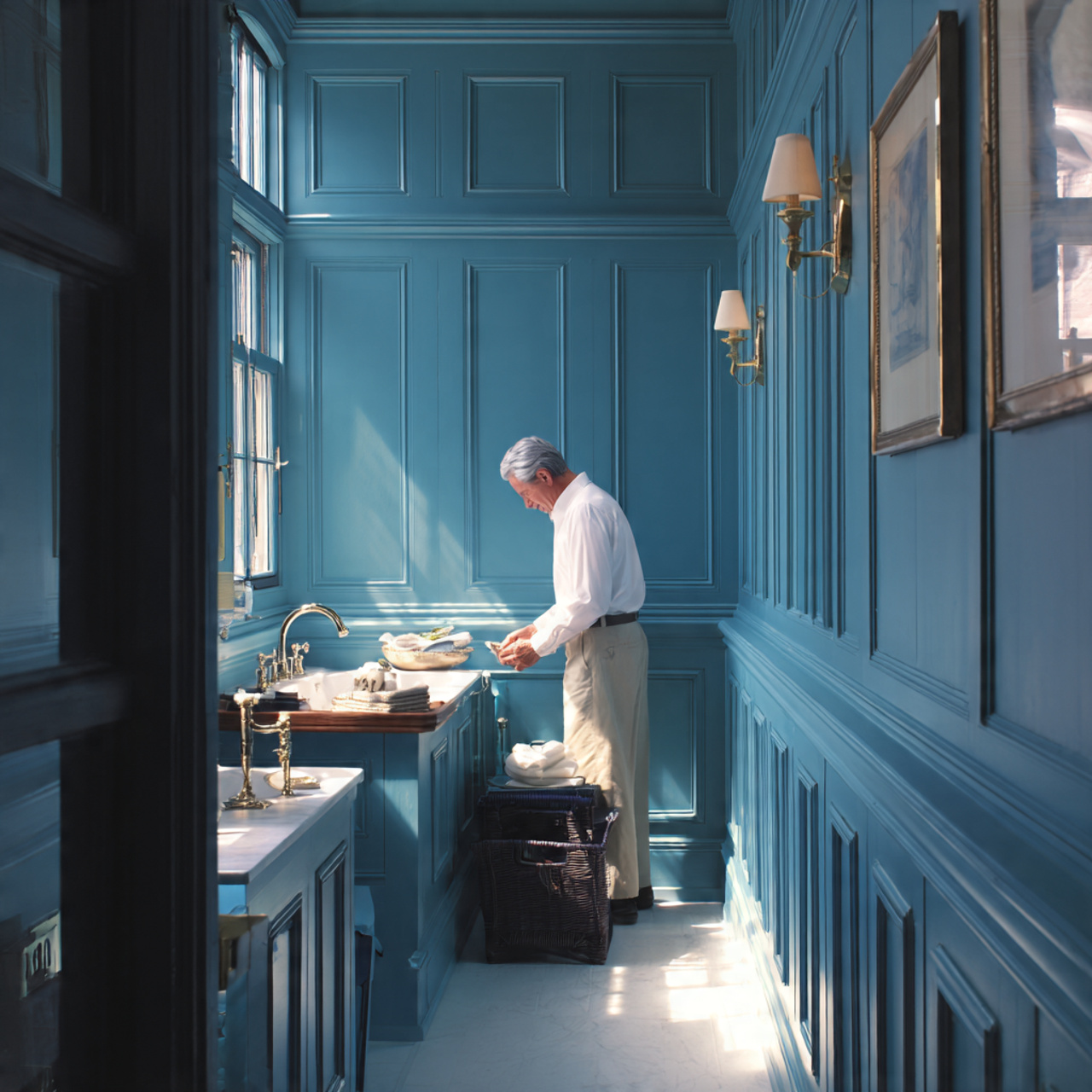 prompt classic bathroom with aegean blue wainscoti