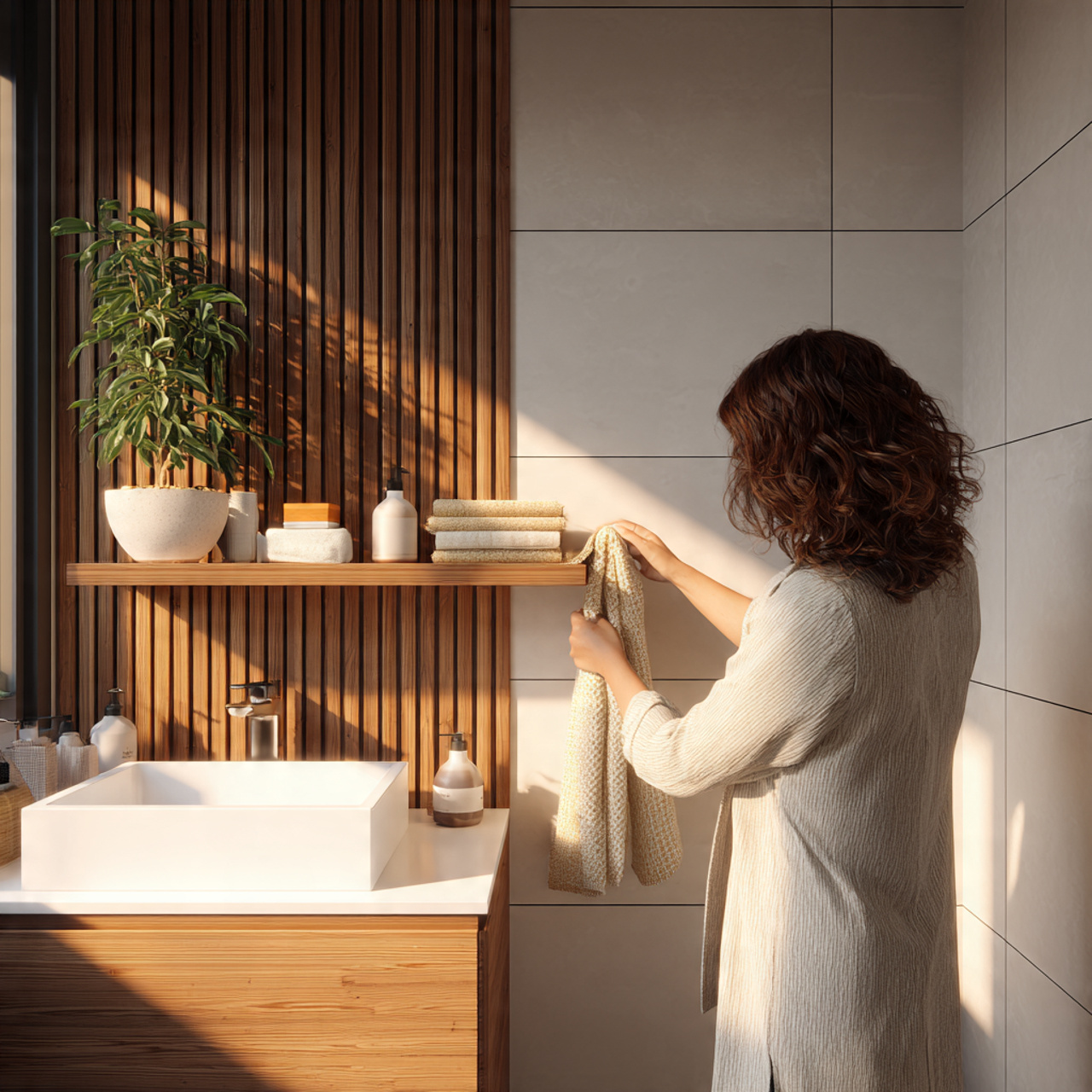 prompt compact bathroom featuring a vertical woode