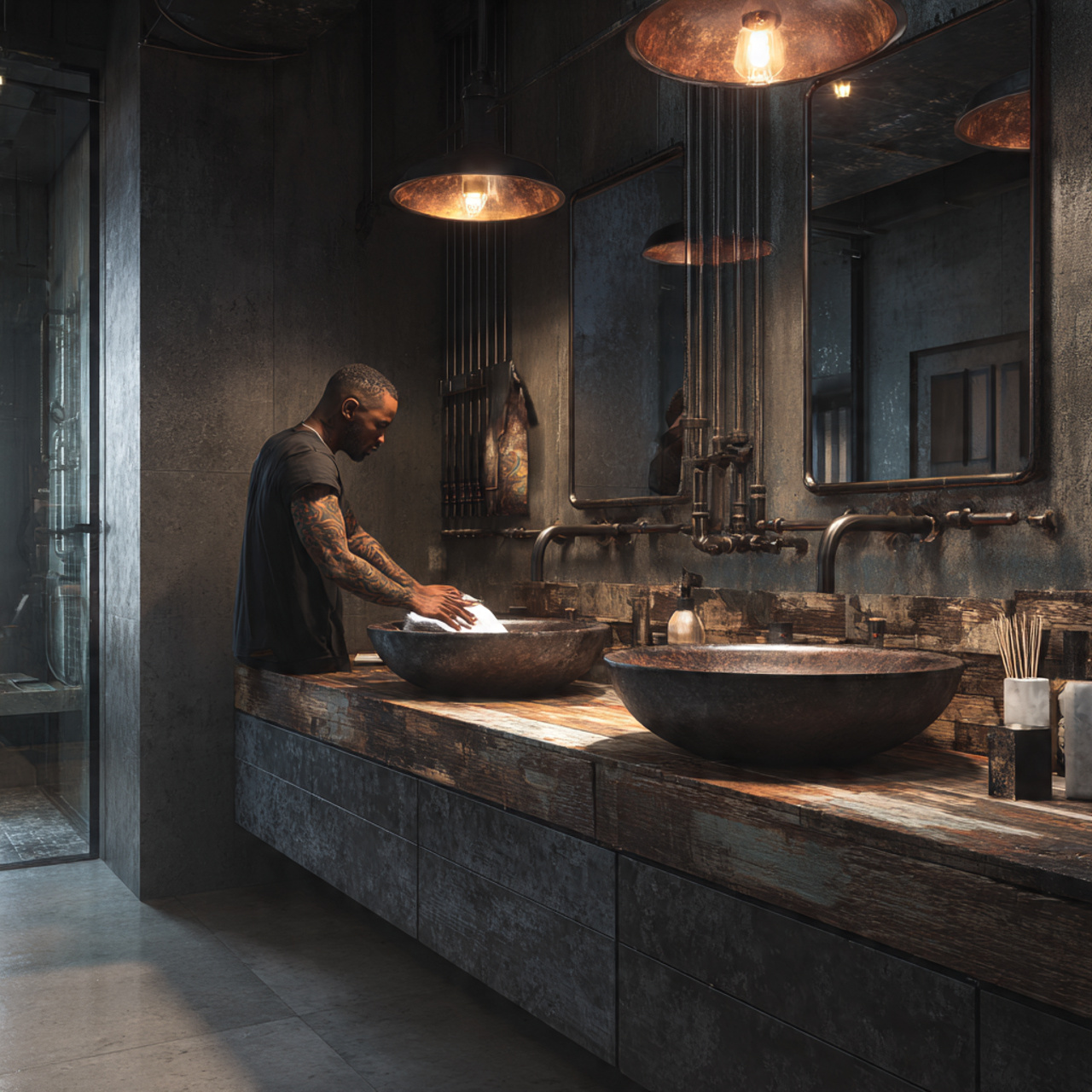 prompt compact bathroom featuring exposed pipes ir