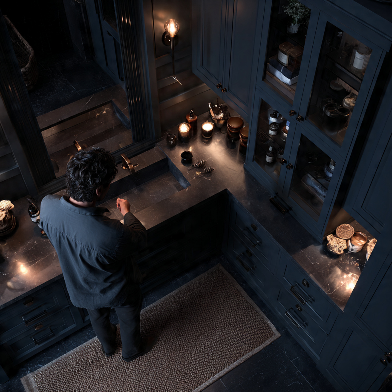 prompt compact bathroom painted in deep navy with