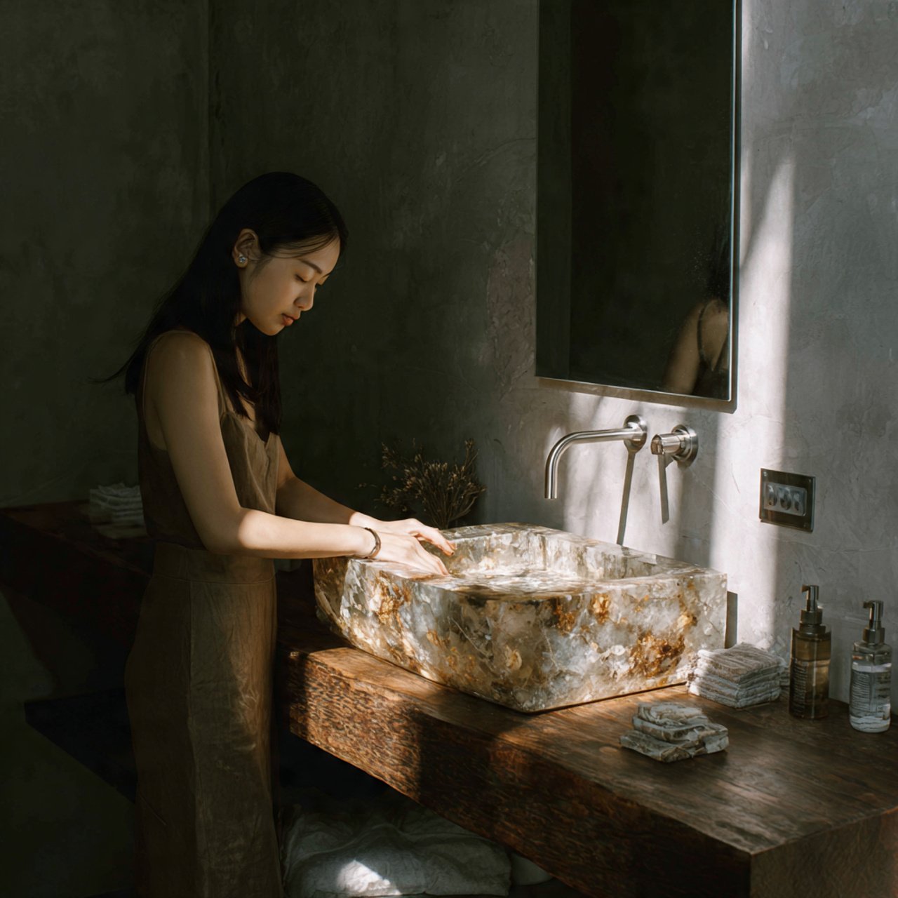 prompt compact bathroom with a sculptural vessel s