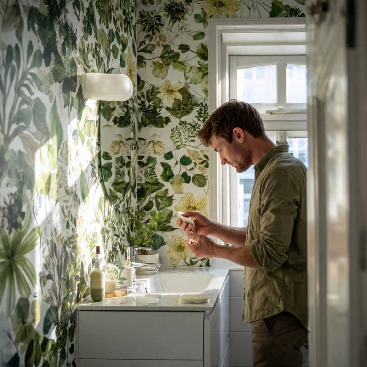 prompt compact bathroom with bold botanical wallpa