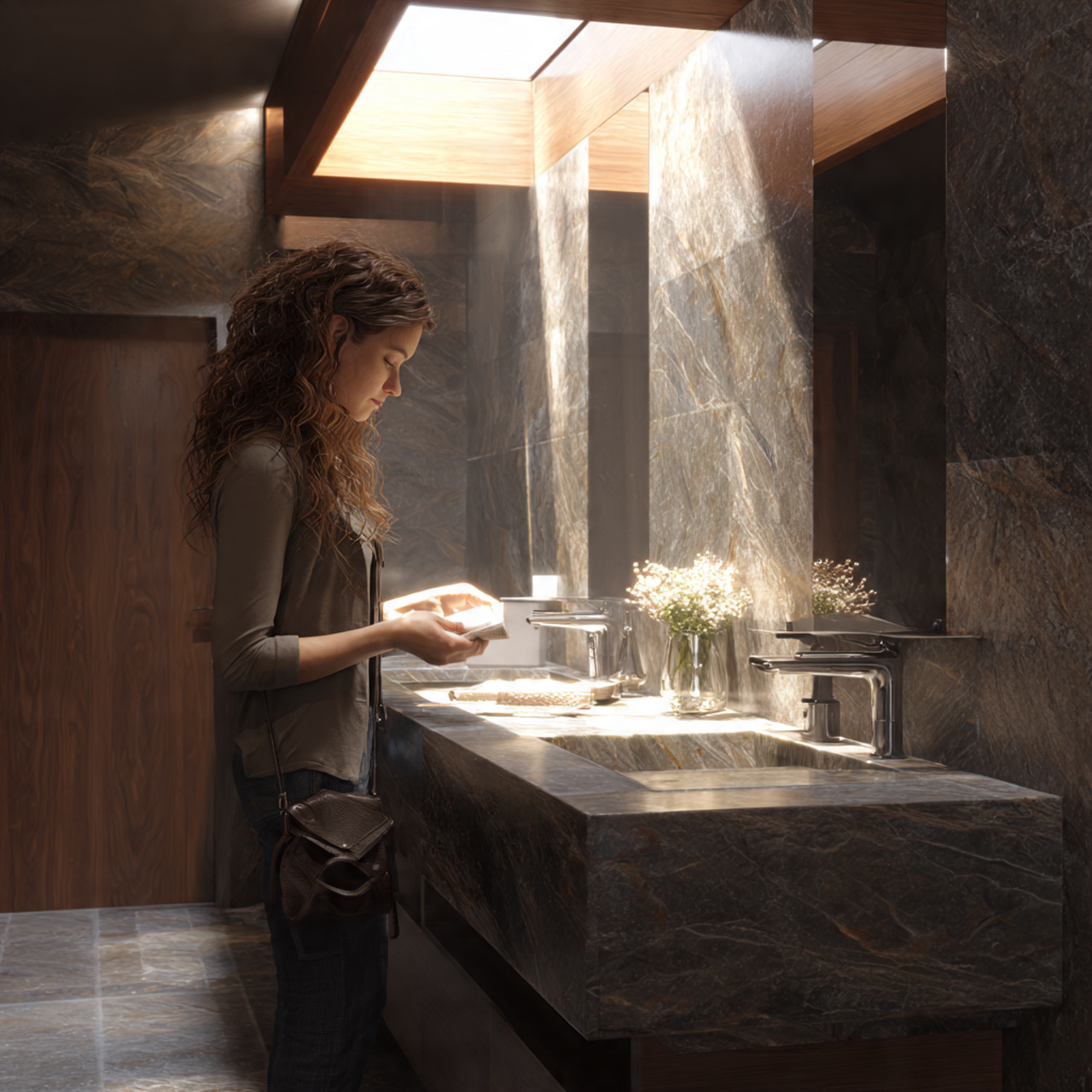 prompt compact bathroom with natural stone element