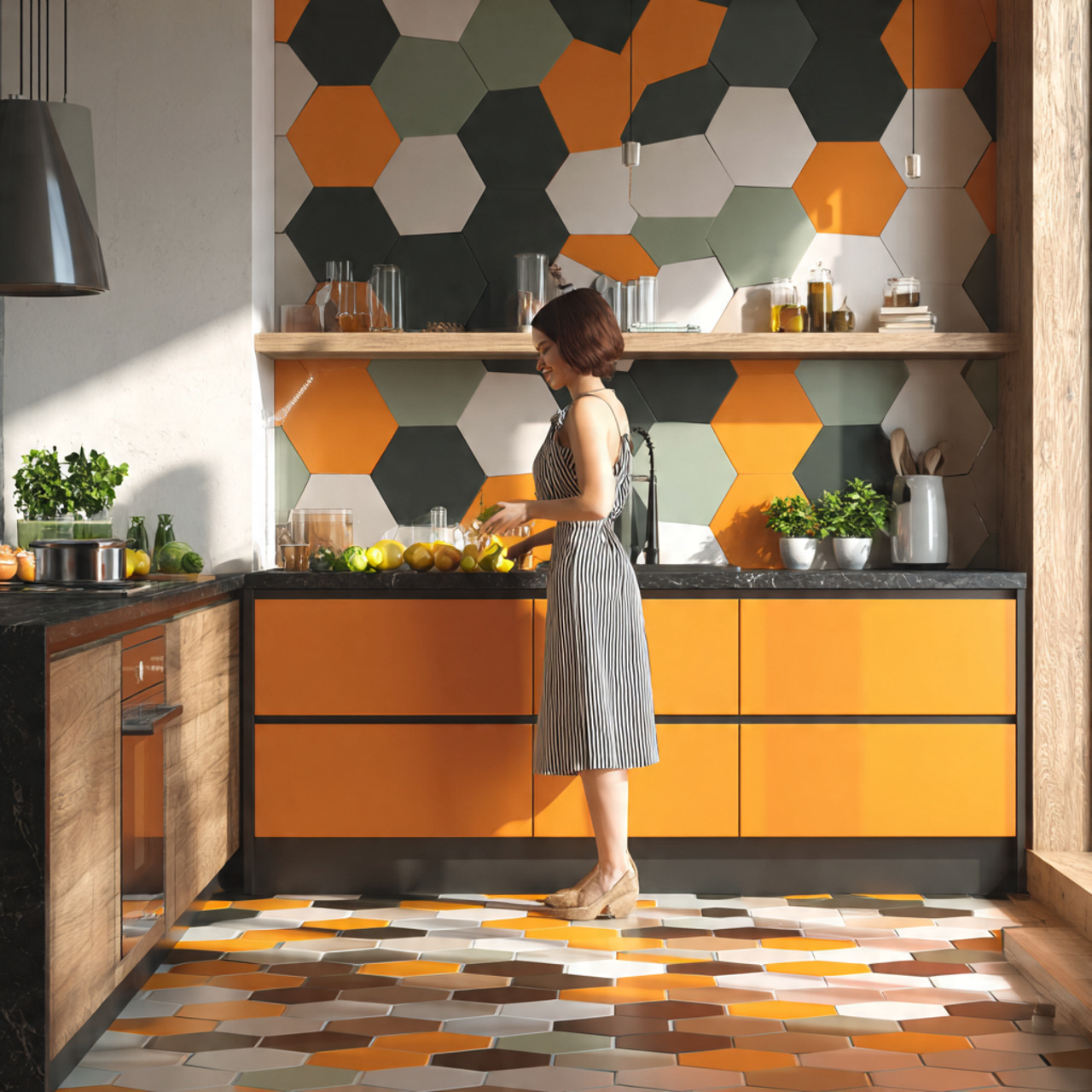 prompt contemporary kitchen with bold geometric he