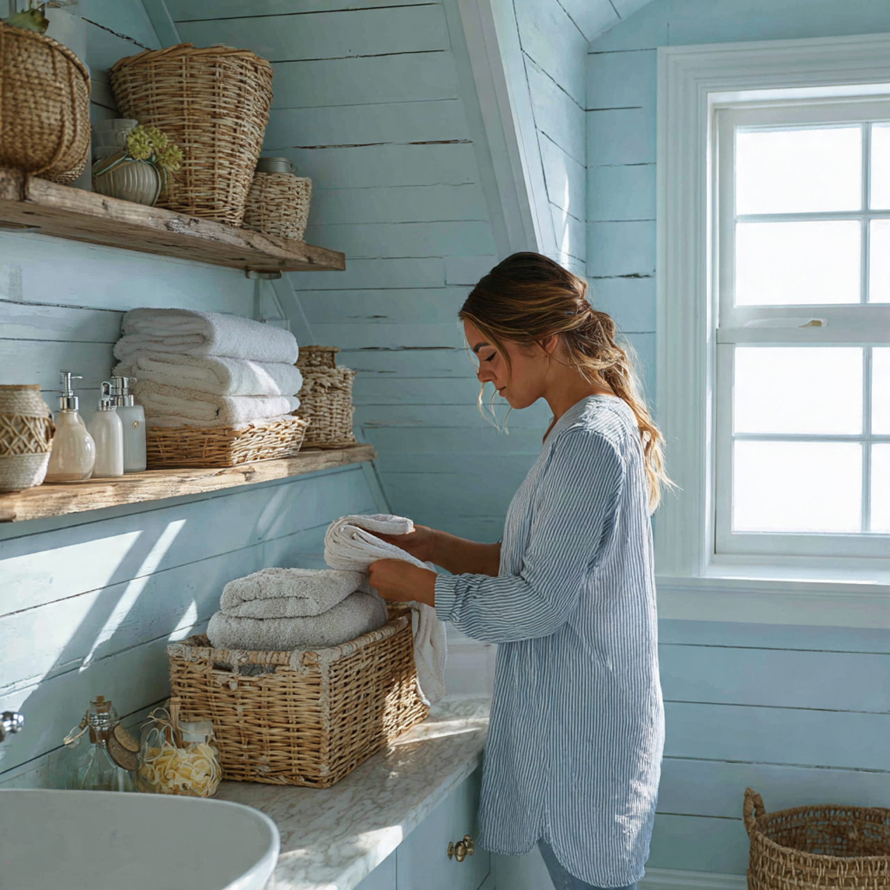 prompt cozy bathroom with pastel blue shiplap wall
