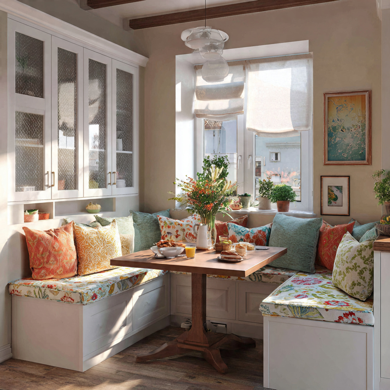 prompt cozy kitchen corner with built in banquette