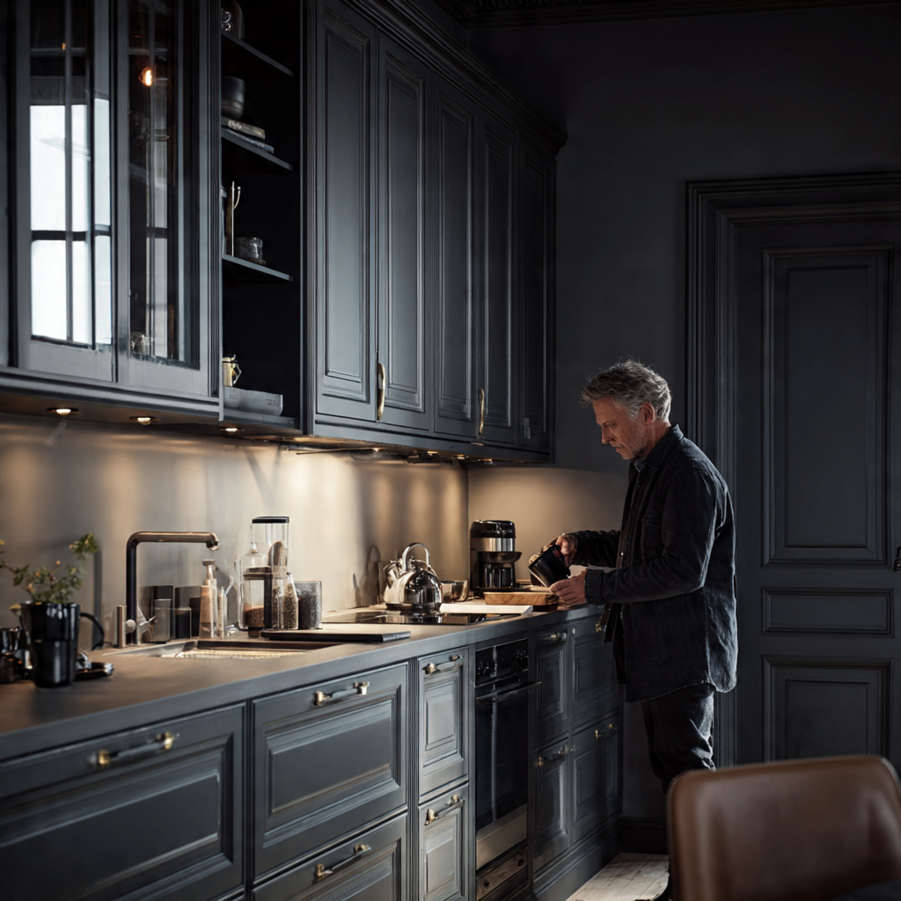 prompt dramatic kitchen with deep charcoal cabinet 1