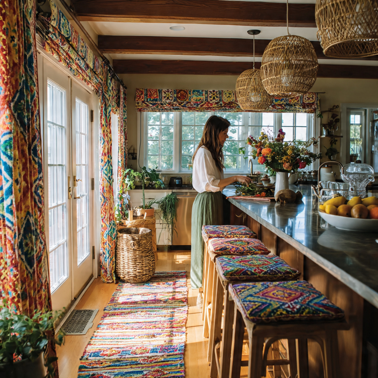 prompt eclectic kitchen with colorful runners hand