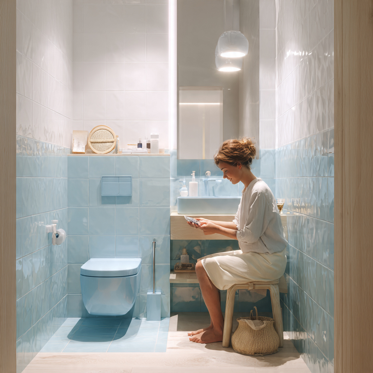 prompt elegant bathroom with powder blue porcelain