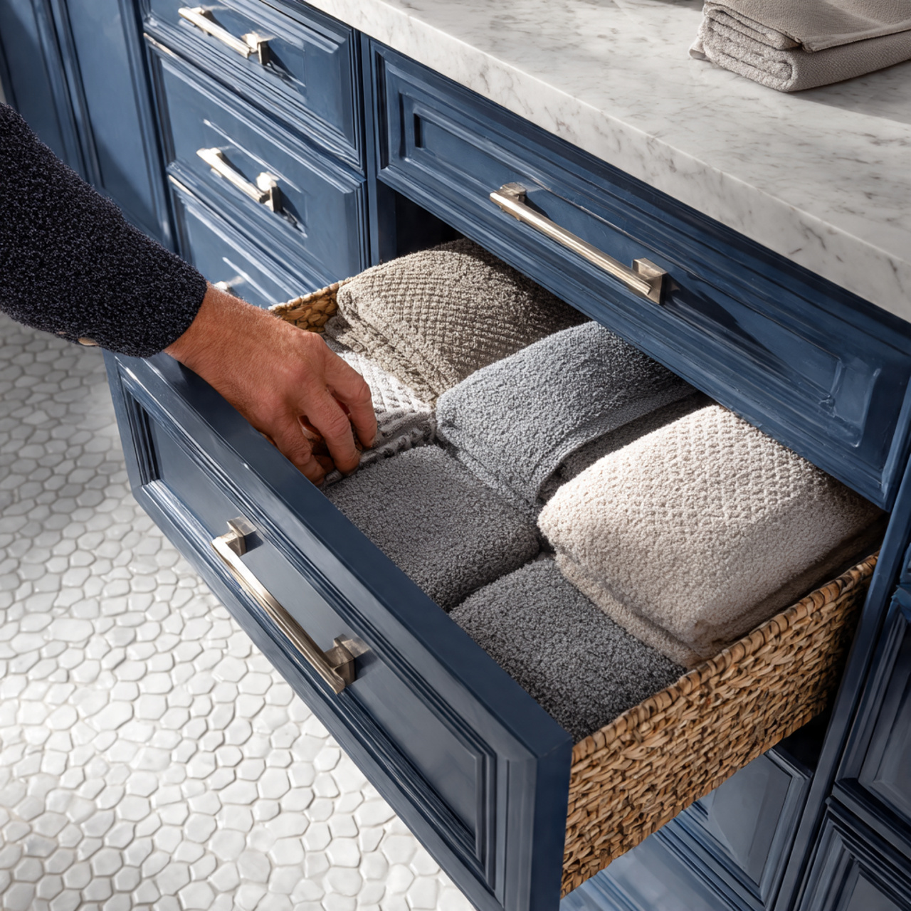 prompt elegant bathroom with steel blue cabinets p