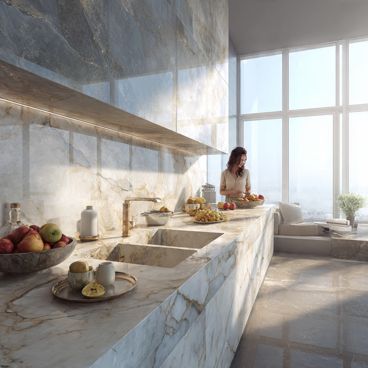 prompt elegant kitchen featuring marble countertop