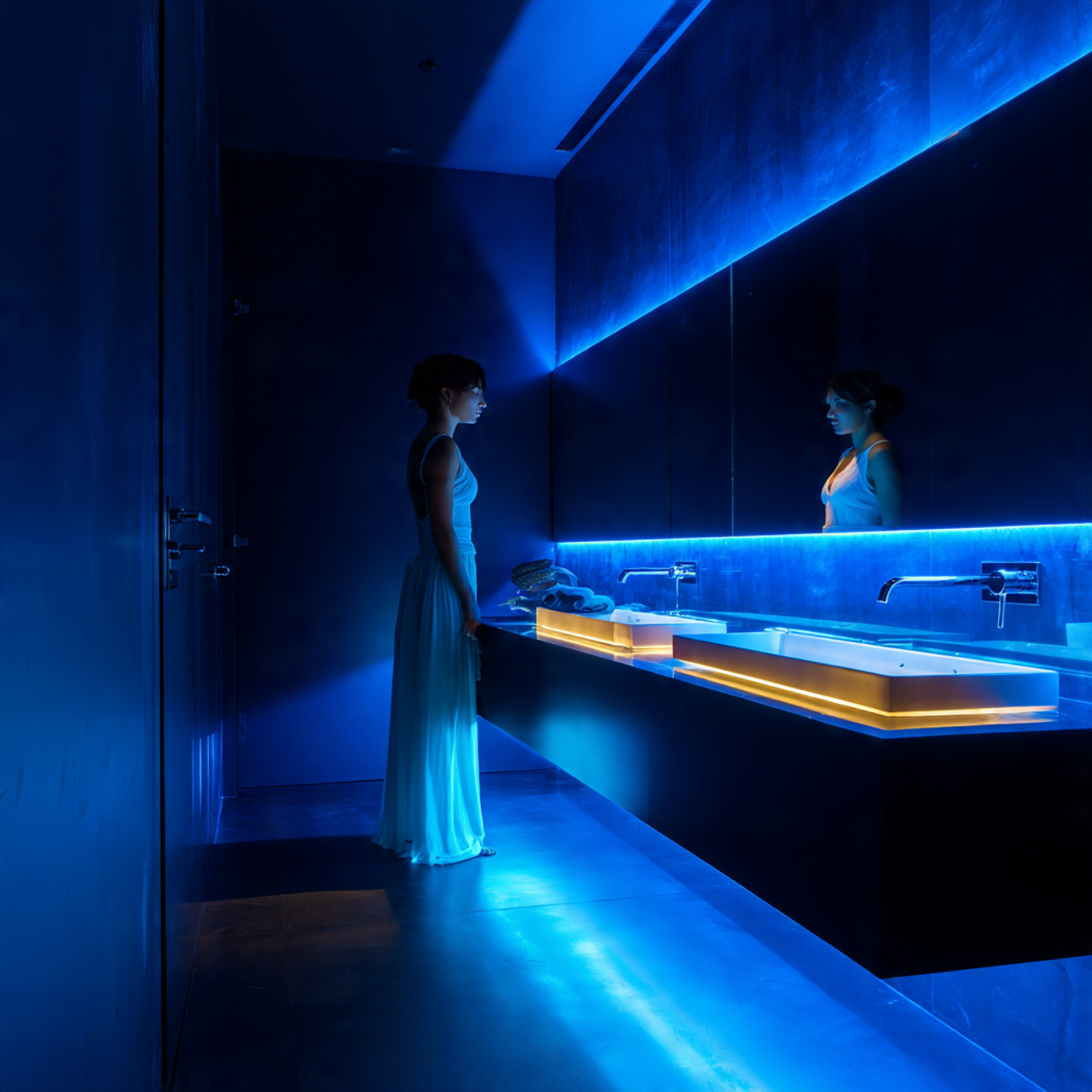 prompt futuristic bathroom with electric blue led