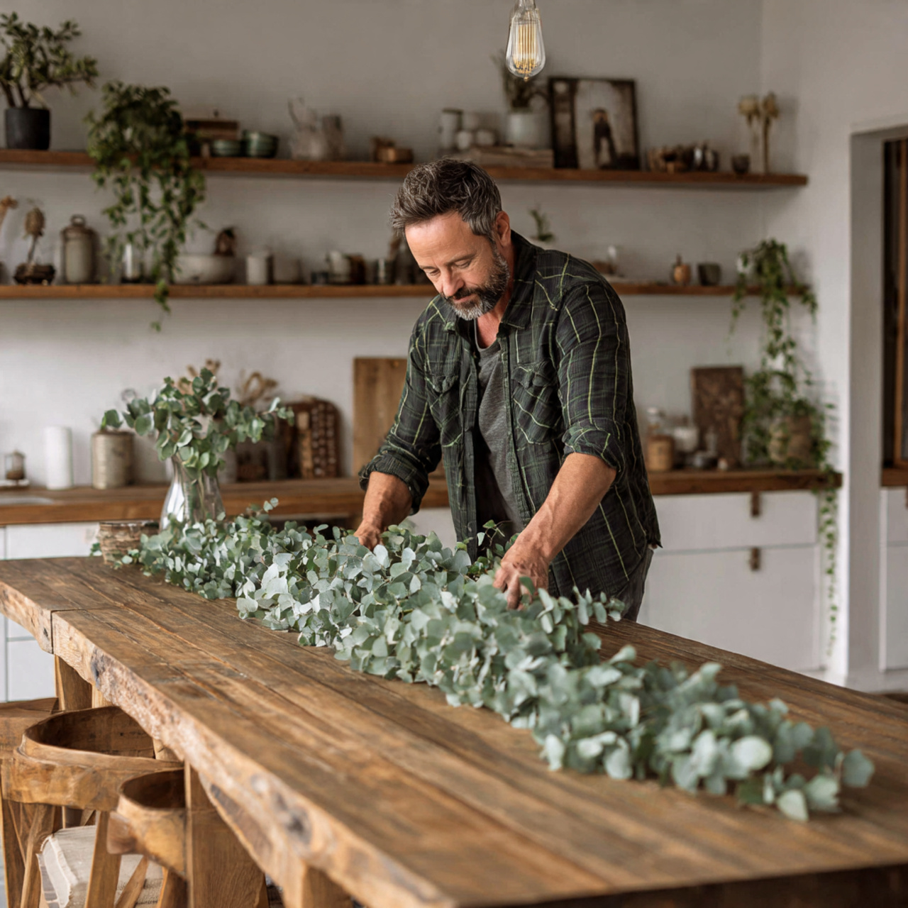 25 Kitchen Table Decor Ideas That Spark Style and Warmth 24 prompt long wooden kitchen table with lush eucalyp