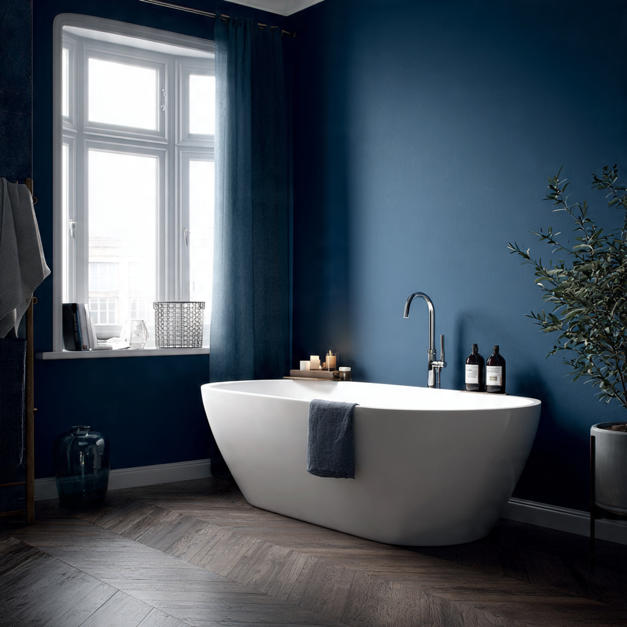 prompt luxurious bathroom with a deep indigo accen