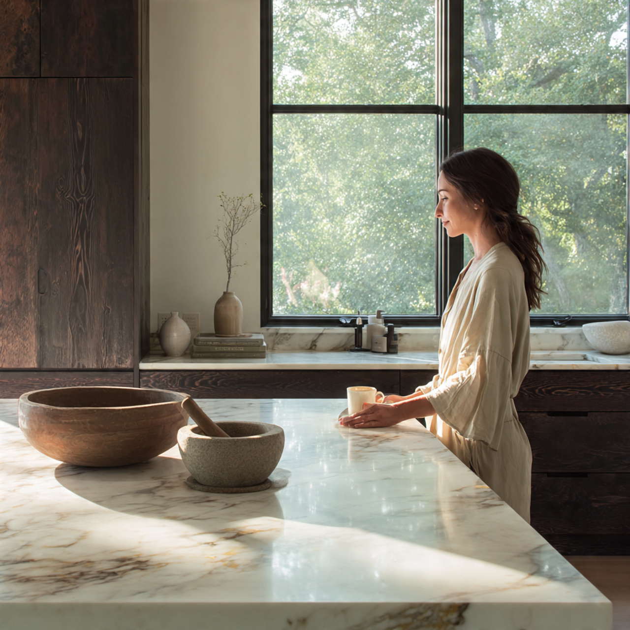 prompt minimalist kitchen with uncluttered marble