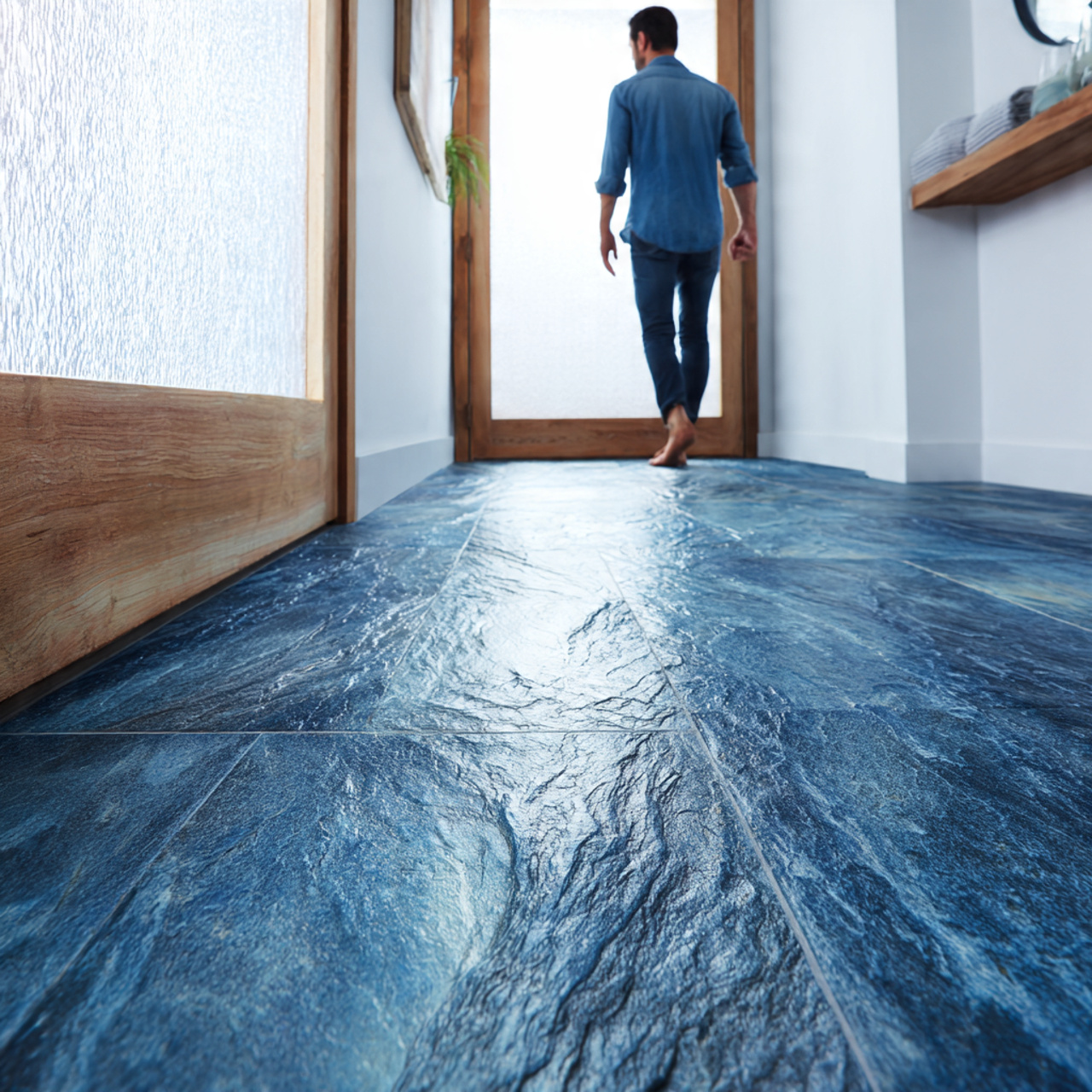 prompt modern bathroom featuring denim blue slate