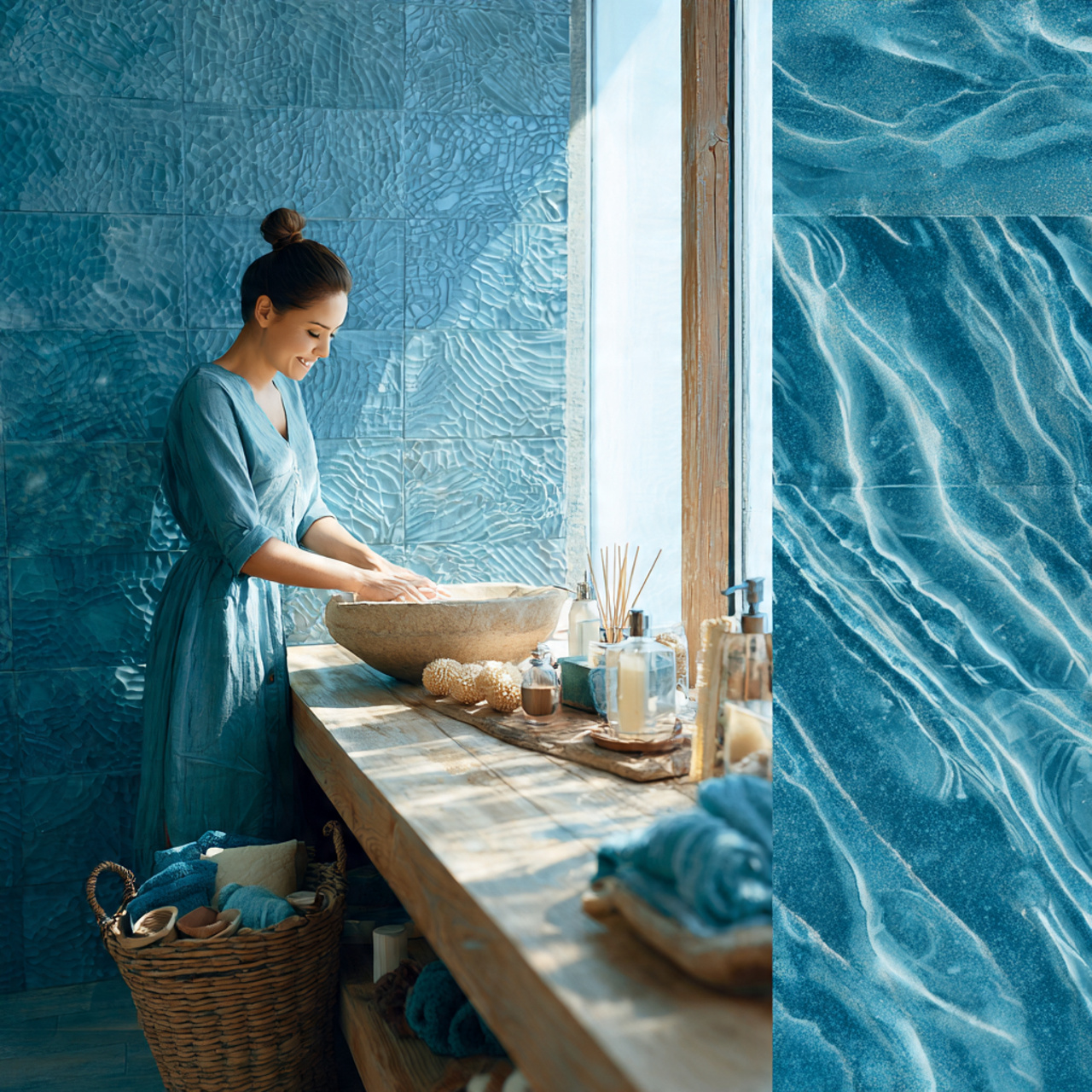 prompt modern bathroom featuring teal textured wal